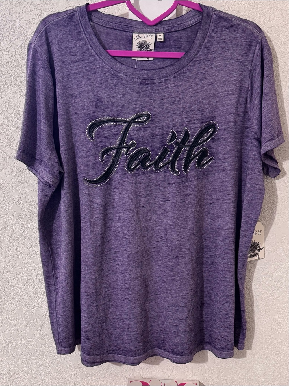Joei & I, NWT Faith,spiritual,embroidered & embellished purple Short Sleeve Tee